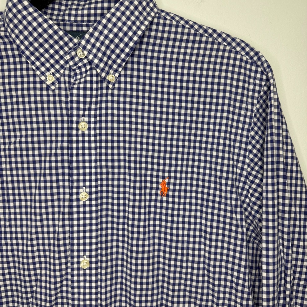 Ralph Lauren Gingham Blue White Button Down Shirt Orange Pony Logo Men Large - Picture 3 of 6